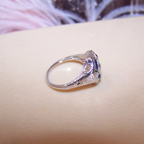 Art Deco 14K Gold Diamond Blue Sapphire Cocktail Ring - Size 4.25 - Picture 7 of 10